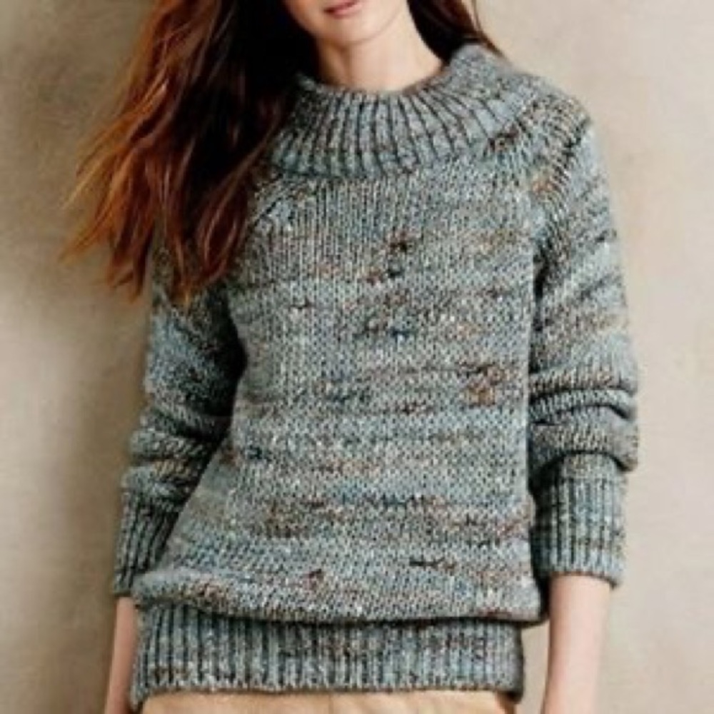 Moth by Anthropologie Funnel Pullover Knit Sweater in Blue and Green